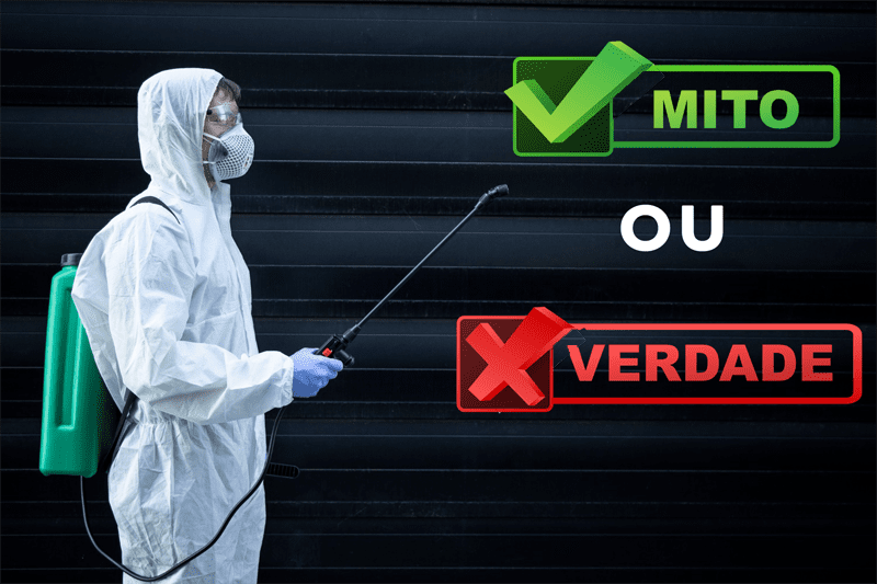 Homem com roupa para Dedetização apontando equipamento para frase “mitos ou verdades”.